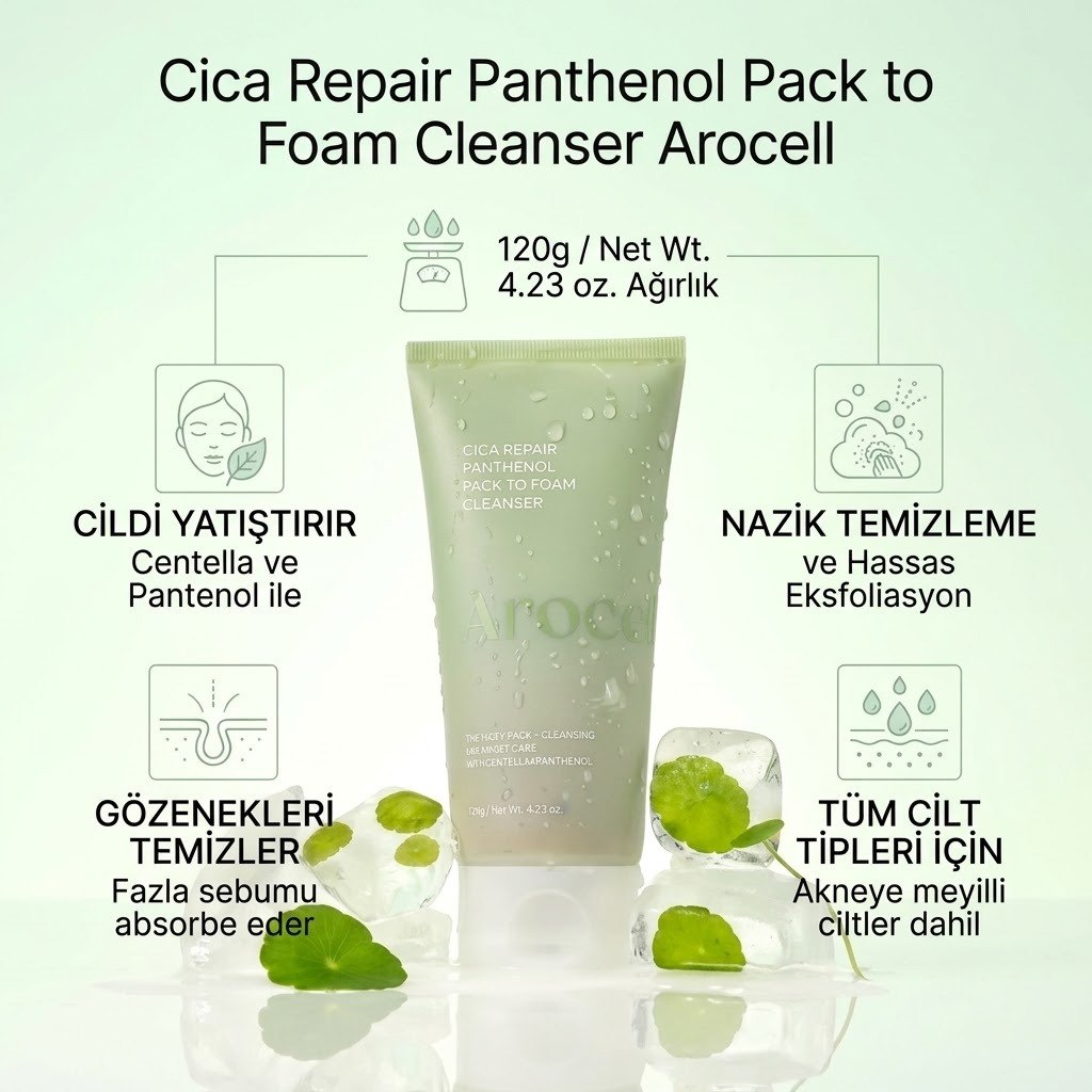 Hassas Ciltler İçin Cica & Panthenol Temizleyici AROCELL Cica Repair Panthenol Pack-to-Foam Cleanser, 120GR - Görsel 6